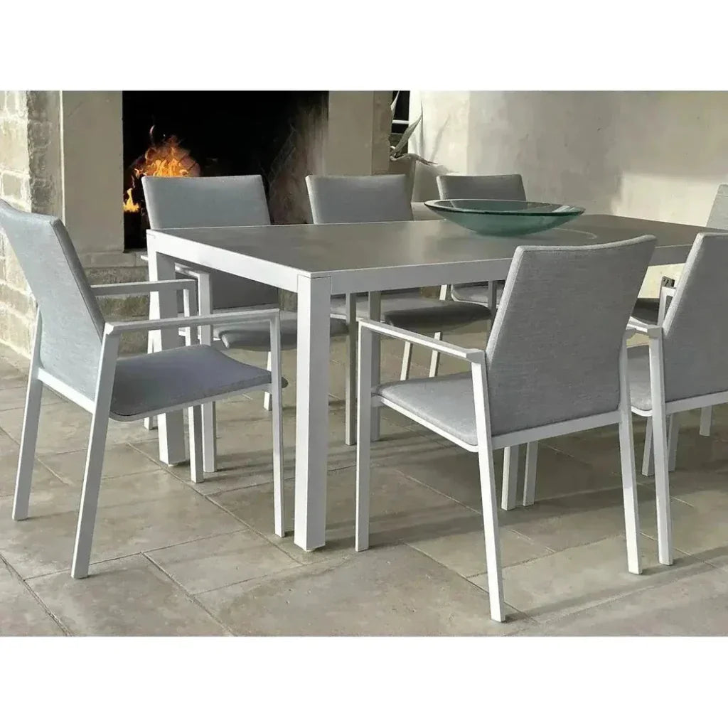 9 Piece Gray-White Outdoor Dining Table Set Sunbrella-Outdoor Dining Sets-LOOMLAN-LOOMLAN