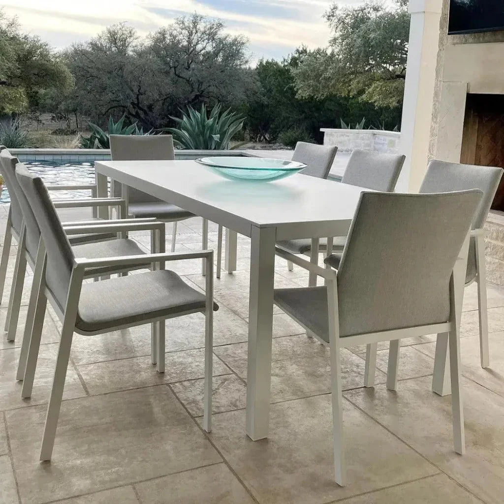 9 Piece Gray-White Outdoor Dining Table Set Sunbrella-Outdoor Dining Sets-LOOMLAN-LOOMLAN