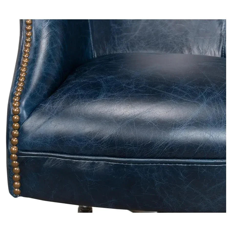 Andrew Jackson Swivel Blue Leather Desk Chair Chateau-Office Chairs-Sarreid-LOOMLAN