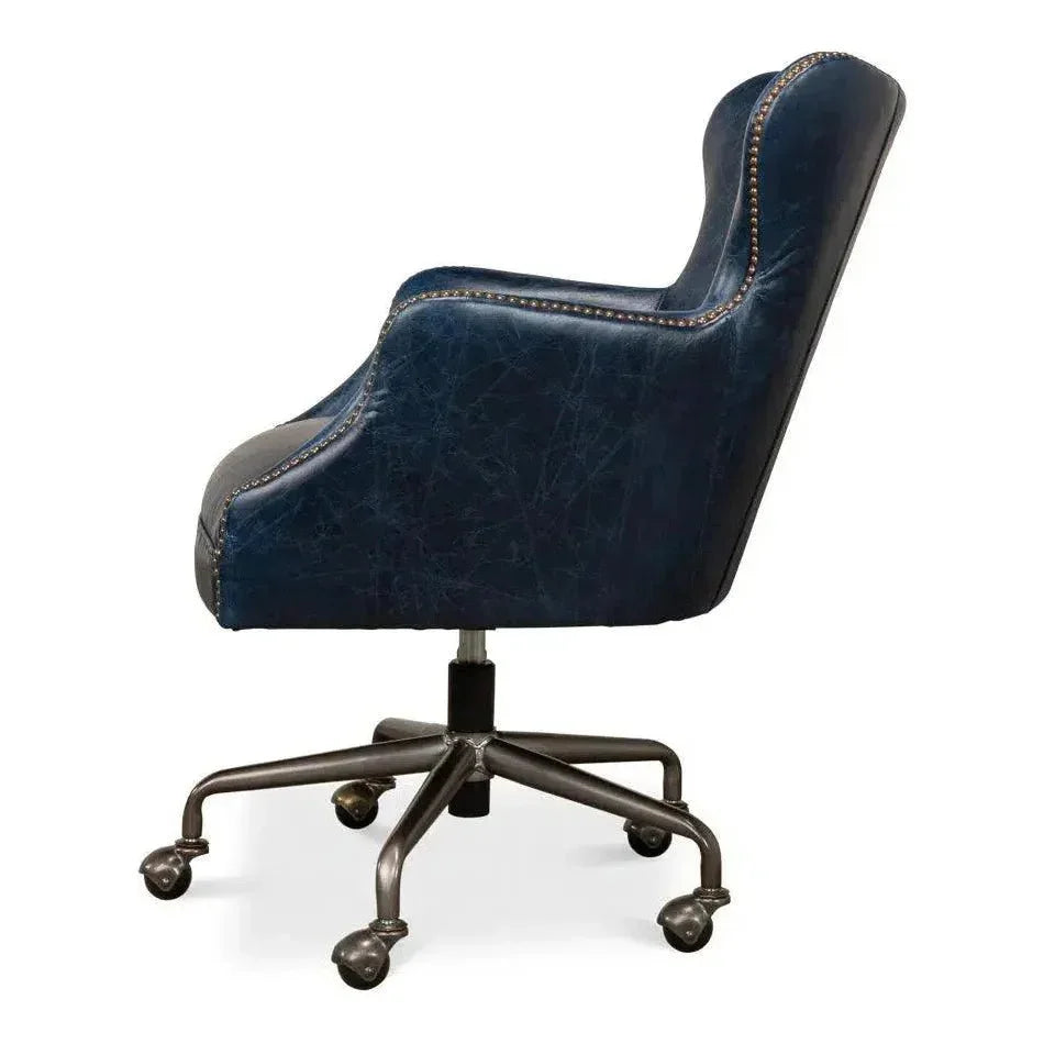 Andrew Jackson Swivel Blue Leather Desk Chair Chateau-Office Chairs-Sarreid-LOOMLAN