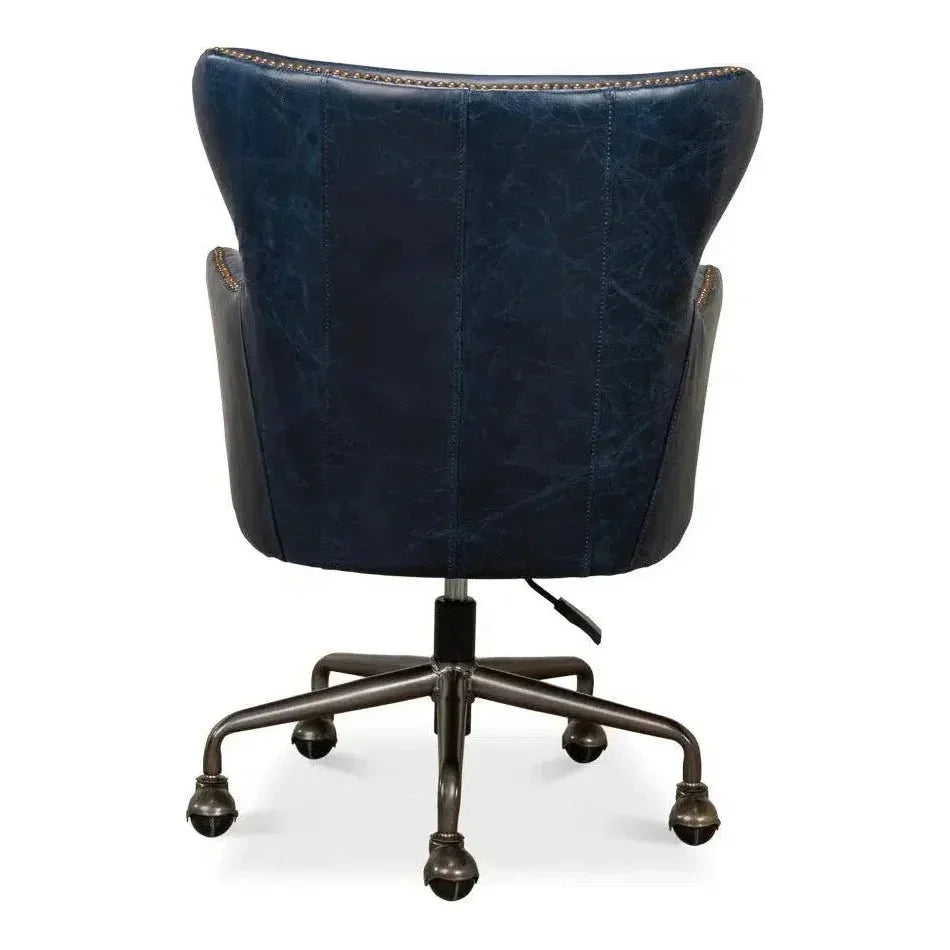 Andrew Jackson Swivel Blue Leather Desk Chair Chateau-Office Chairs-Sarreid-LOOMLAN