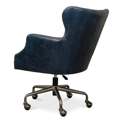 Andrew Jackson Swivel Blue Leather Desk Chair Chateau-Office Chairs-Sarreid-LOOMLAN
