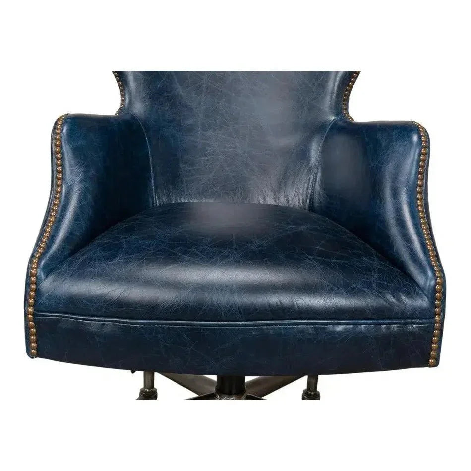 Andrew Jackson Swivel Blue Leather Desk Chair Chateau-Office Chairs-Sarreid-LOOMLAN