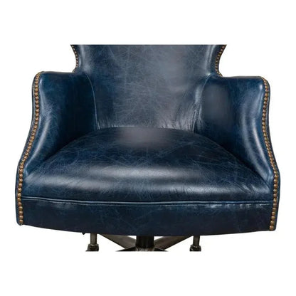 Andrew Jackson Swivel Blue Leather Desk Chair Chateau-Office Chairs-Sarreid-LOOMLAN
