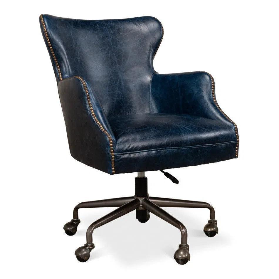 Andrew Jackson Swivel Blue Leather Desk Chair Chateau-Office Chairs-Sarreid-LOOMLAN