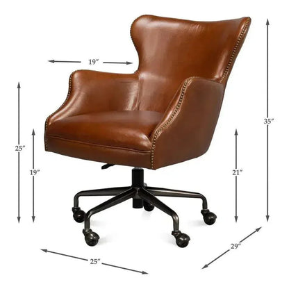 Andrew Jackson Swivel Brown Desk Chair Havana Leather-Office Chairs-Sarreid-LOOMLAN