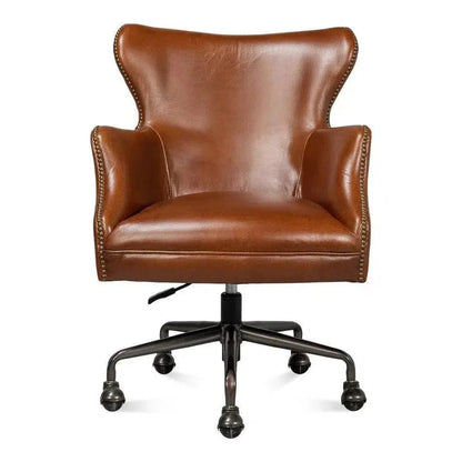 Andrew Jackson Swivel Brown Desk Chair Havana Leather-Office Chairs-Sarreid-LOOMLAN