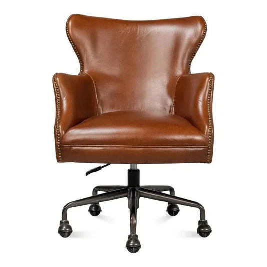 Andrew Jackson Swivel Brown Desk Chair Havana Leather-Office Chairs-Sarreid-LOOMLAN
