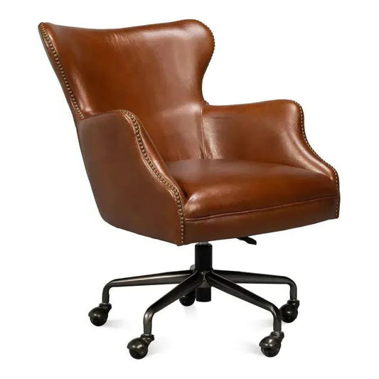 Andrew Jackson Swivel Brown Desk Chair Havana Leather-Office Chairs-Sarreid-LOOMLAN