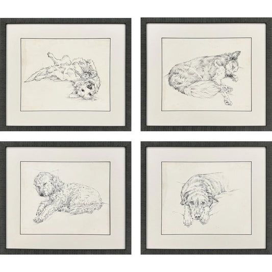 Antique Dog Sketch Framed Wall Art 4PC