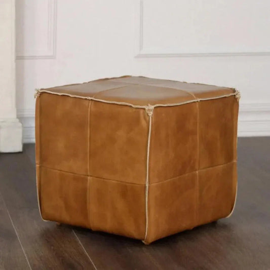 Square Leather Cube Ottoman Argentinian Saddle - LOOMLAN - Peninsula Home - Poufs and Stools