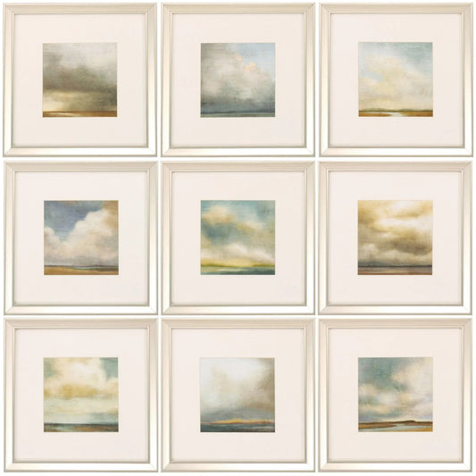 Set of nine framed landscape paintings with clouds and natural scenery.