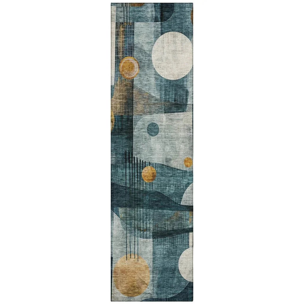 Aza Teal Washable Indoor-Outdoor Rug-Outdoor Rugs-LOOMLAN Rugs-2'3" x 7'6"-LOOMLAN