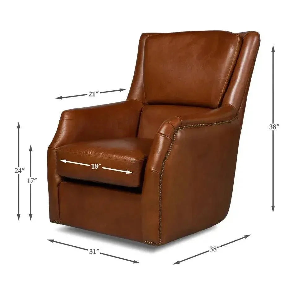 Baker Brown Leather Swivel Chair Havana Leather - LOOMLAN - Sarreid - Club Chairs