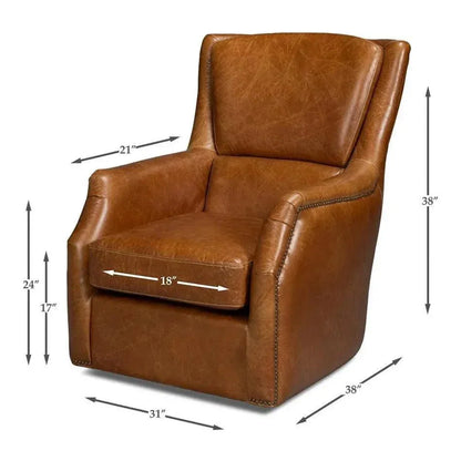 Baker Wood & Leather Brown Swivel Arm Chair - LOOMLAN - Sarreid - Club Chairs