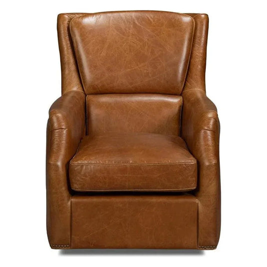 Baker Wood & Leather Brown Swivel Arm Chair - LOOMLAN - Sarreid - Club Chairs