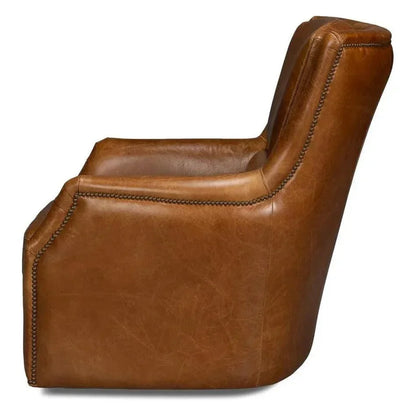Baker Wood & Leather Brown Swivel Arm Chair - LOOMLAN - Sarreid - Club Chairs