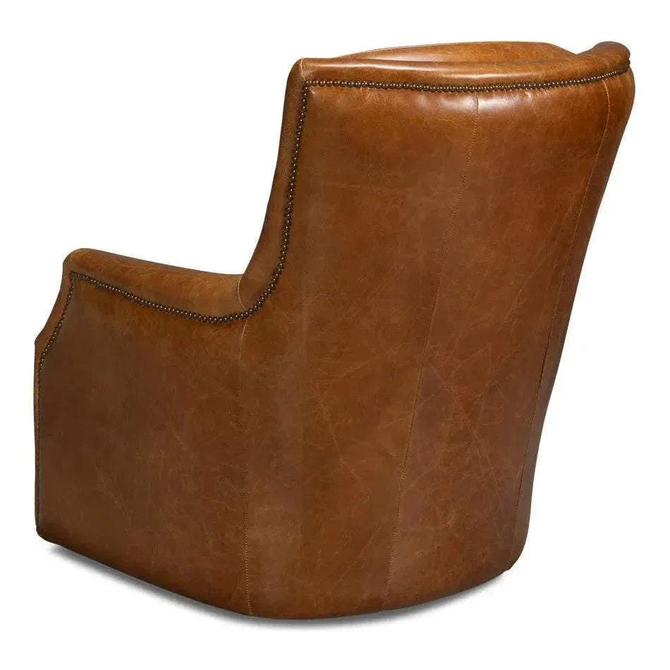 Baker Wood & Leather Brown Swivel Arm Chair - LOOMLAN - Sarreid - Club Chairs