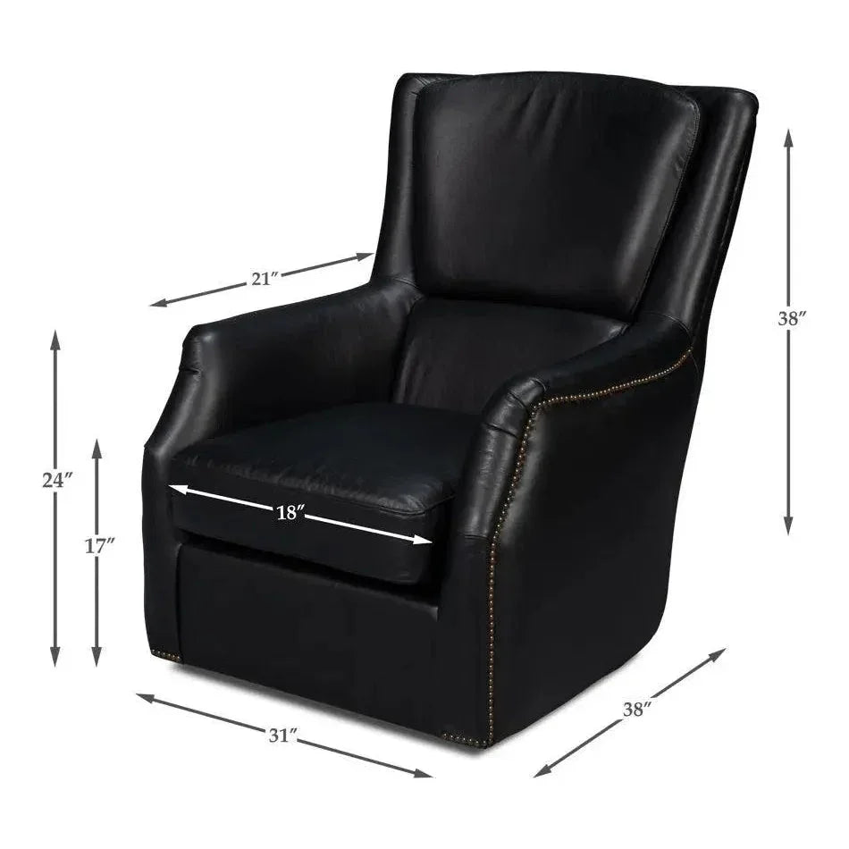 BakerWood and Leather Black Swivel Arm Chair - LOOMLAN - Sarreid - Club Chairs