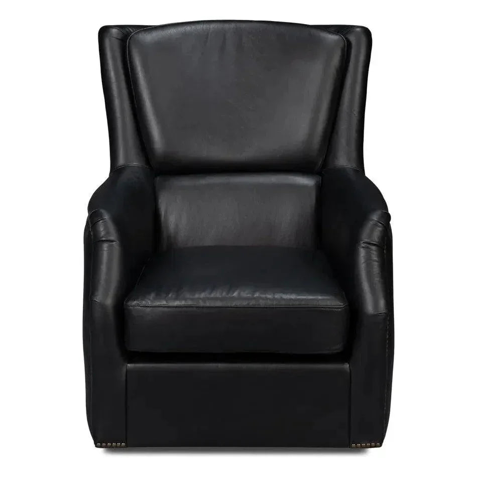BakerWood and Leather Black Swivel Arm Chair - LOOMLAN - Sarreid - Club Chairs