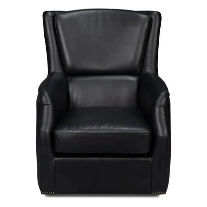 BakerWood and Leather Black Swivel Arm Chair - LOOMLAN - Sarreid - Club Chairs