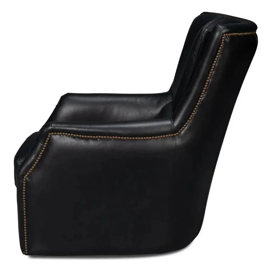 BakerWood and Leather Black Swivel Arm Chair - LOOMLAN - Sarreid - Club Chairs