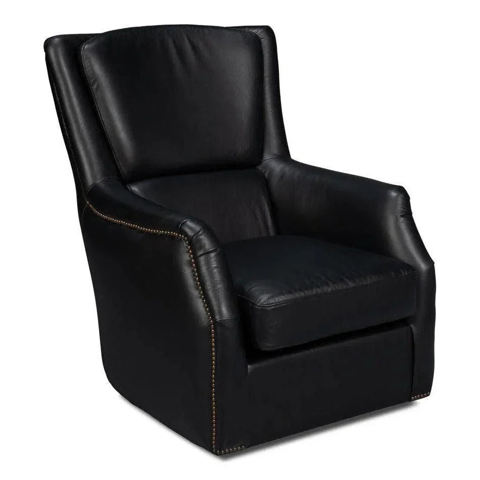 BakerWood and Leather Black Swivel Arm Chair - LOOMLAN - Sarreid - Club Chairs
