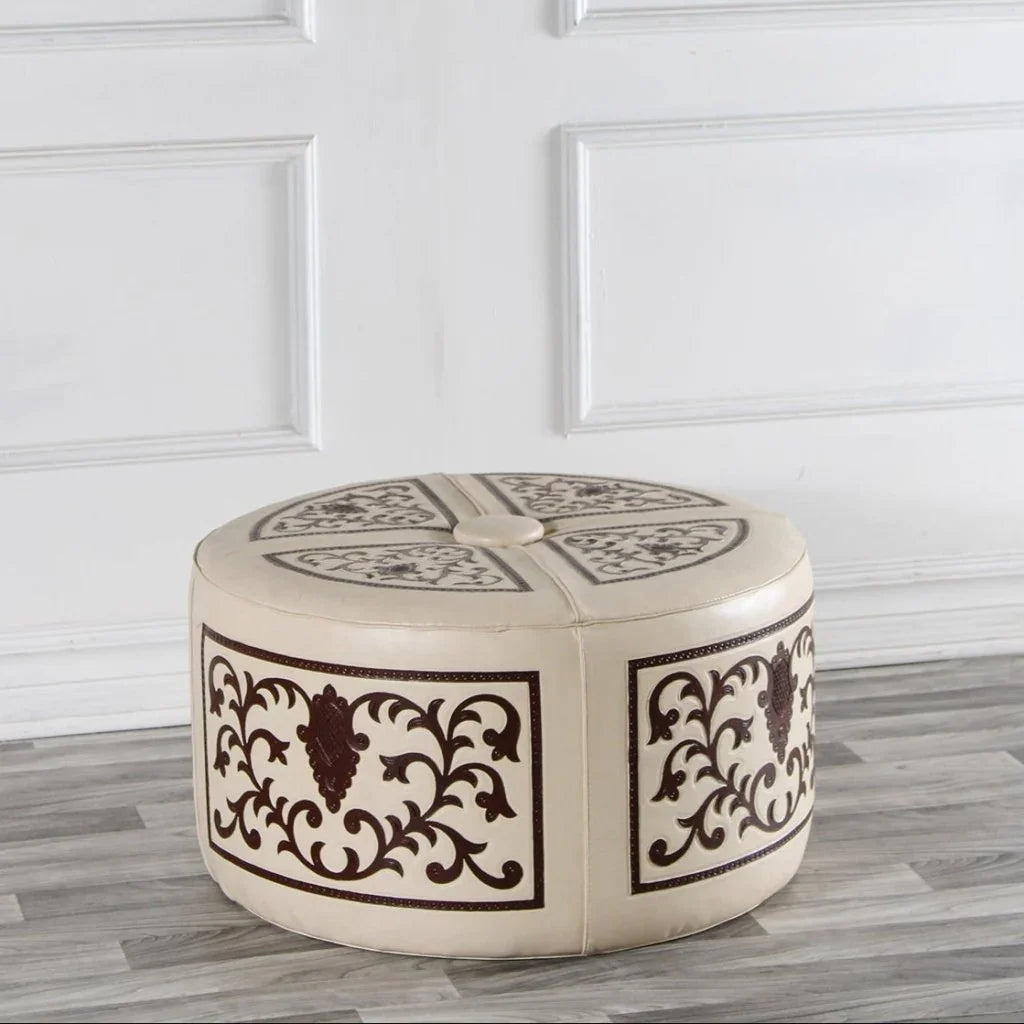 Barroque Handcrafted Leather Round Ottoman - LOOMLAN - Peninsula Home - Ottomans