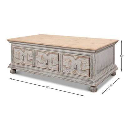 Base & Crown Coffee Table Drawers Antiqued Grey Wash - LOOMLAN - Sarreid - Coffee Tables