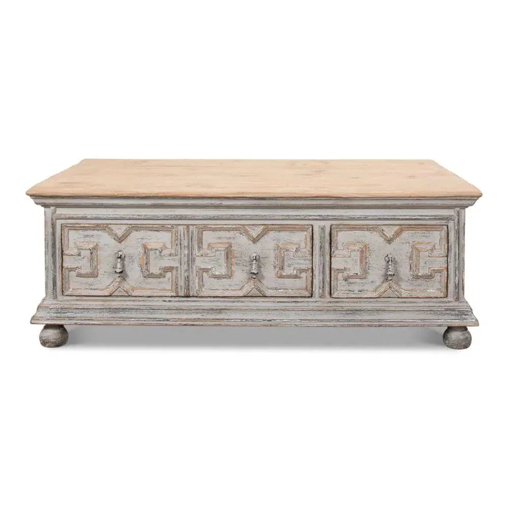 Base & Crown Coffee Table Drawers Antiqued Grey Wash - LOOMLAN - Sarreid - Coffee Tables