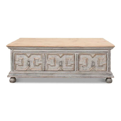 Base & Crown Coffee Table Drawers Antiqued Grey Wash - LOOMLAN - Sarreid - Coffee Tables