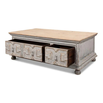 Base & Crown Coffee Table Drawers Antiqued Grey Wash - LOOMLAN - Sarreid - Coffee Tables