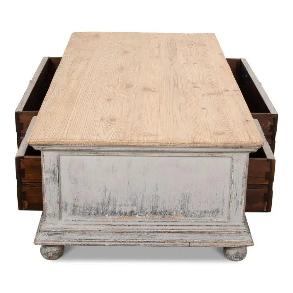 Base & Crown Coffee Table Drawers Antiqued Grey Wash - LOOMLAN - Sarreid - Coffee Tables
