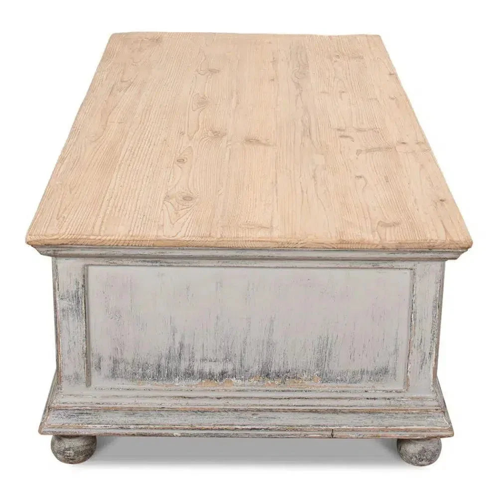Base & Crown Coffee Table Drawers Antiqued Grey Wash - LOOMLAN - Sarreid - Coffee Tables