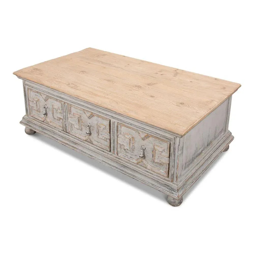Base & Crown Coffee Table Drawers Antiqued Grey Wash - LOOMLAN - Sarreid - Coffee Tables