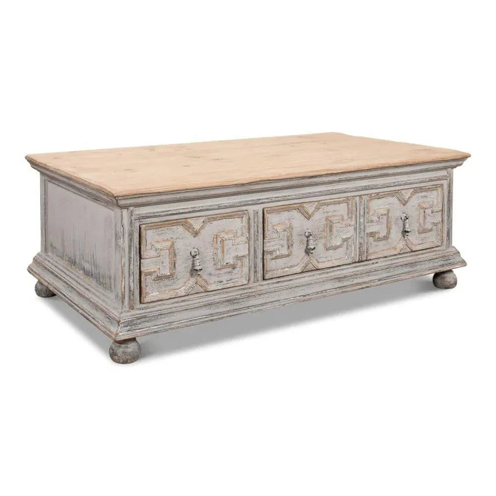 Base & Crown Coffee Table Drawers Antiqued Grey Wash - LOOMLAN - Sarreid - Coffee Tables