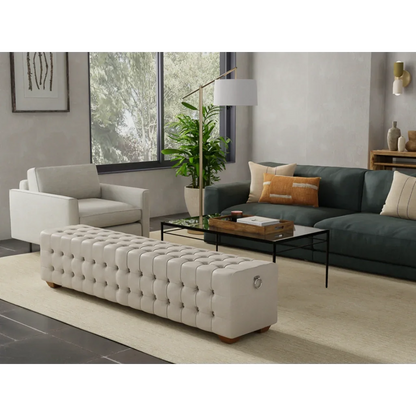 Bedroom Beam Bench Tufted Beige Linen - LOOMLAN - Sarreid - Bedroom Benches
