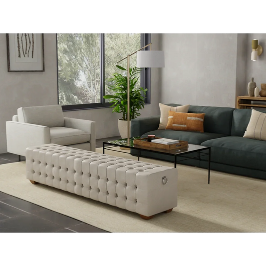 Bedroom Beam Bench Tufted Beige Linen - LOOMLAN - Sarreid - Bedroom Benches