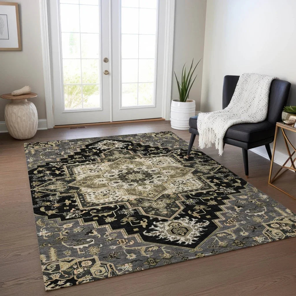 Bellaya Black Washable Indoor-Outdoor Rug-Outdoor Rugs-LOOMLAN Rugs-LOOMLAN