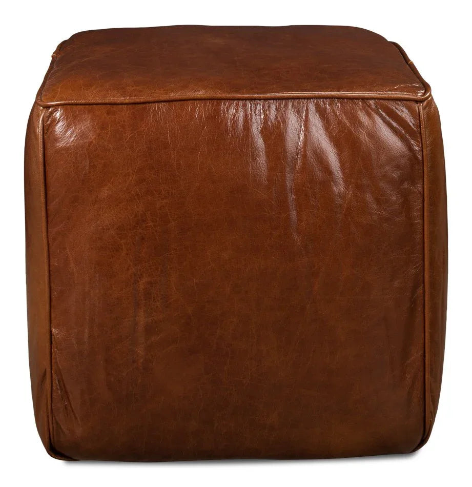 Bismark Old Bay Leather Sitting Cube - LOOMLAN - Sarreid - Poufs and Stools