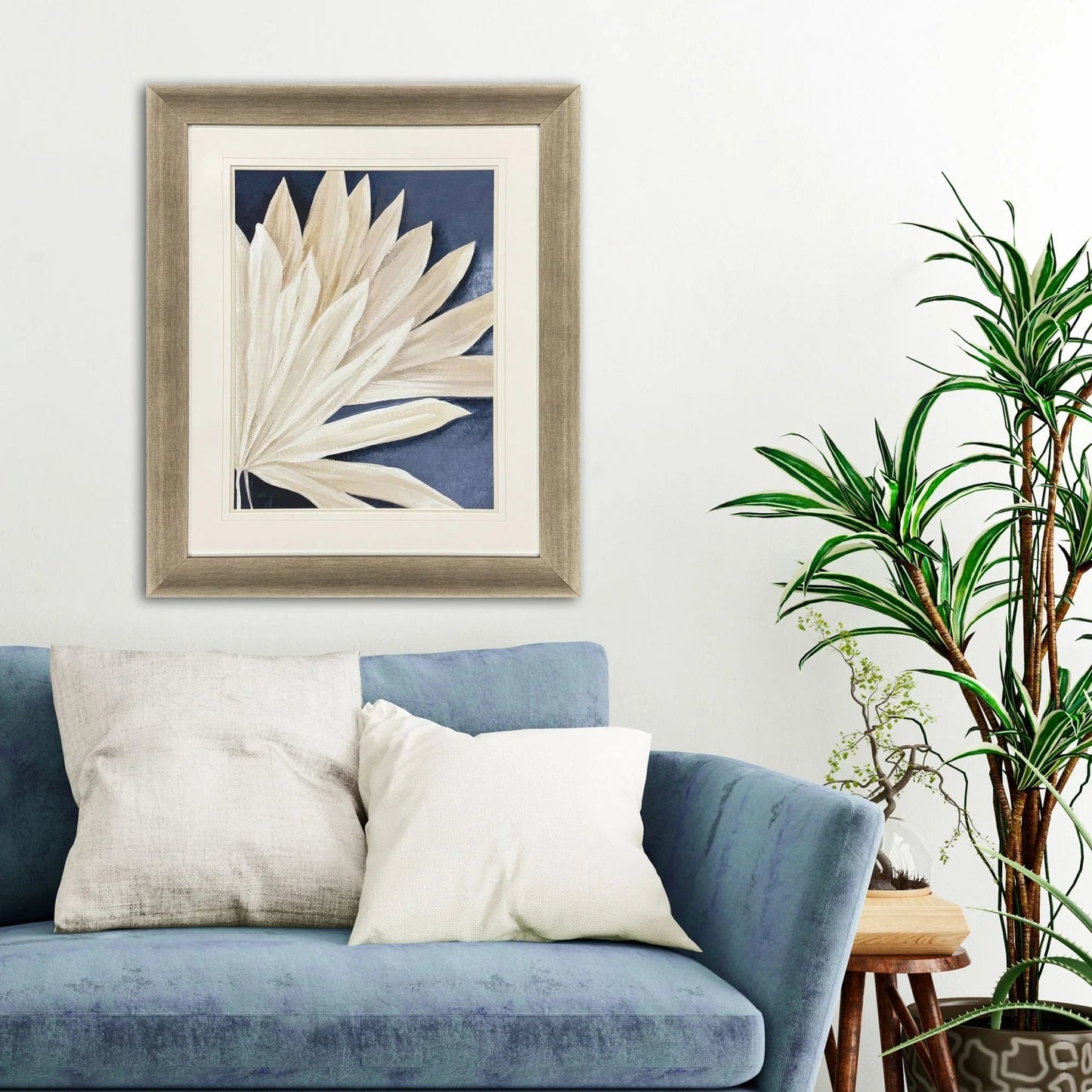 Blue Dry Palms Glass Front Framed Wall Art