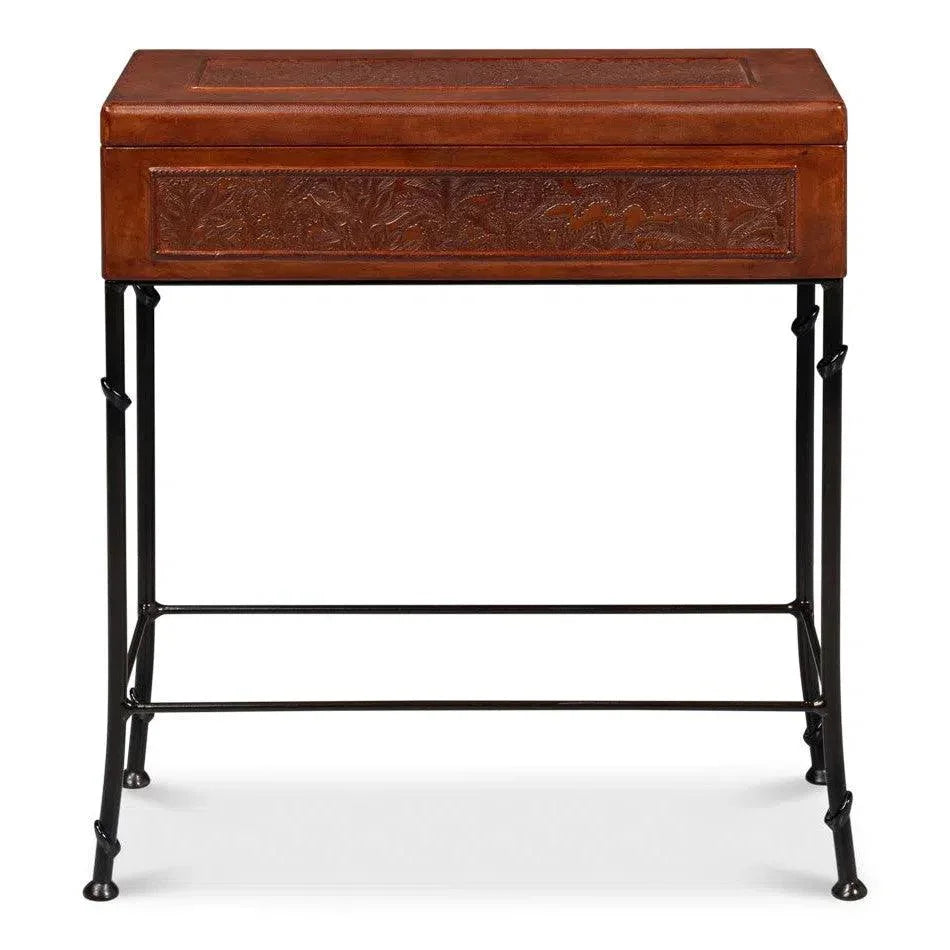 Botanical Side Table Leather Box On Stand - LOOMLAN - Sarreid - Side Tables