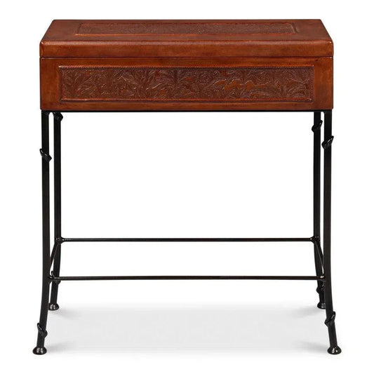 Botanical Side Table Leather Box On Stand - LOOMLAN - Sarreid - Side Tables