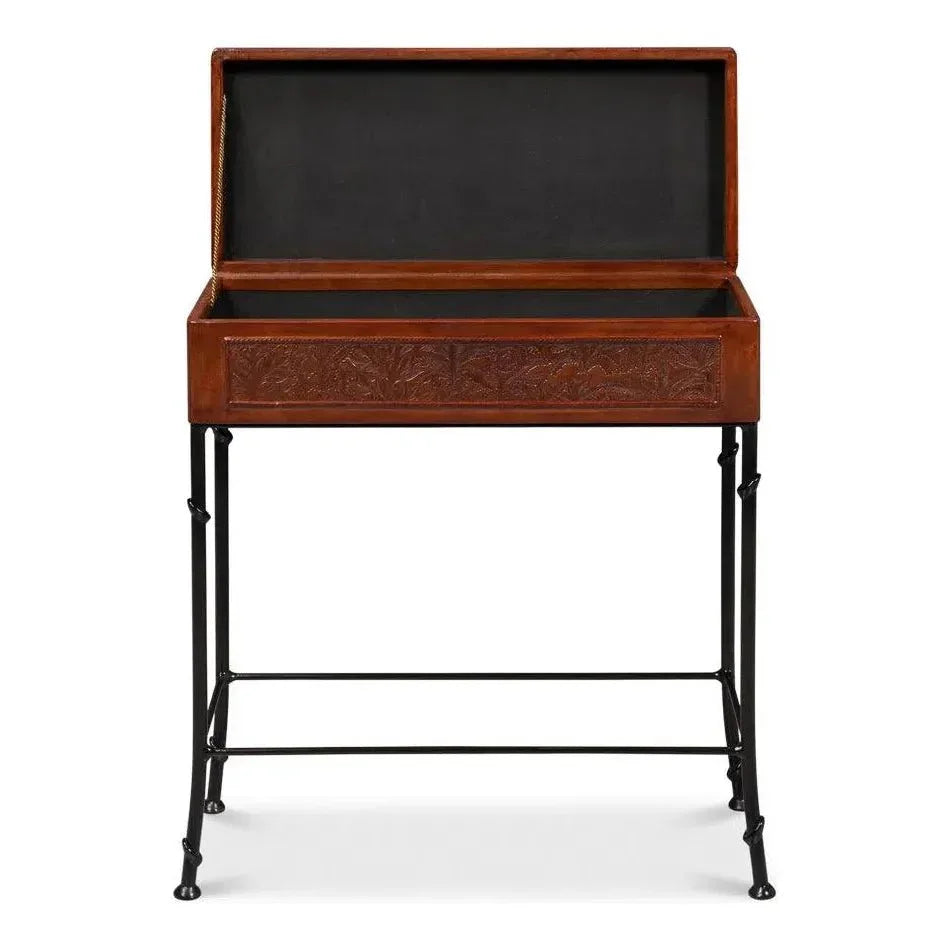 Botanical Side Table Leather Box On Stand - LOOMLAN - Sarreid - Side Tables