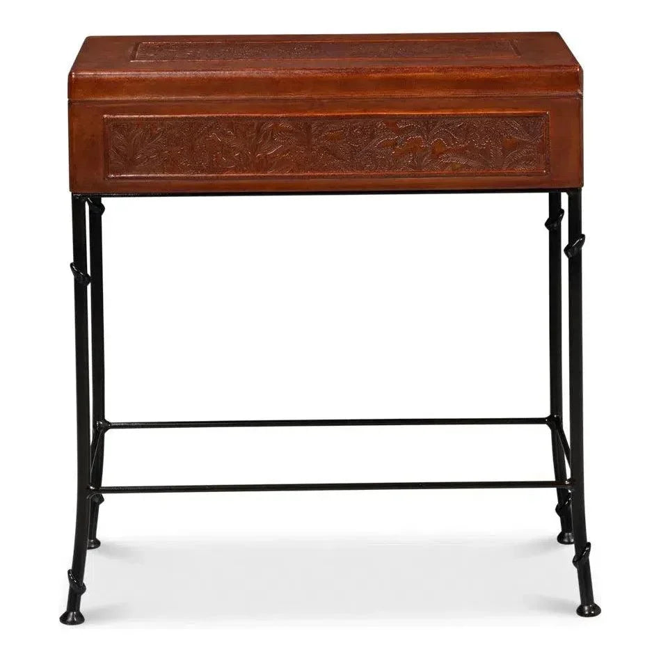 Botanical Side Table Leather Box On Stand - LOOMLAN - Sarreid - Side Tables