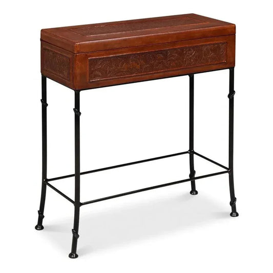 Botanical Side Table Leather Box On Stand - LOOMLAN - Sarreid - Side Tables