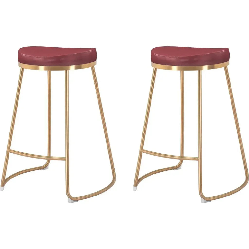 Bree Counter Stool 2PC Burgundy & Gold - LOOMLAN - Zuo Modern - Counter Stools