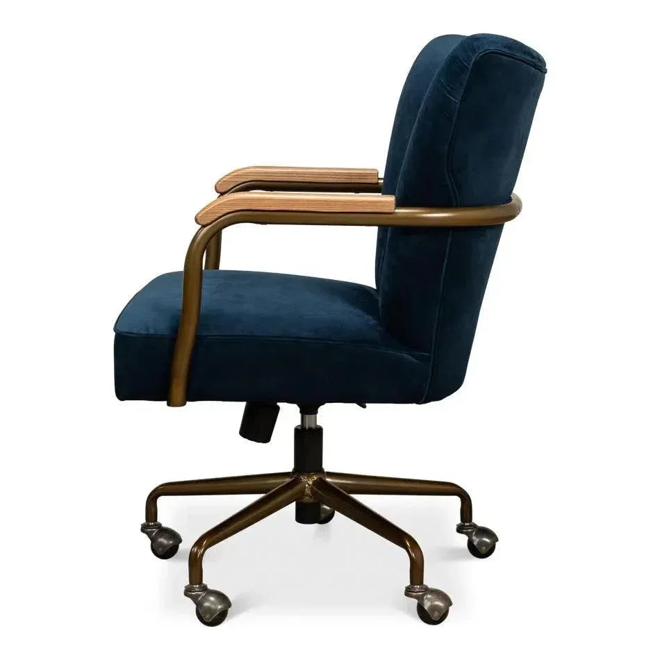 Brooks Home Office Swivel Chair Blue Velvet-Office Chairs-Sarreid-LOOMLAN