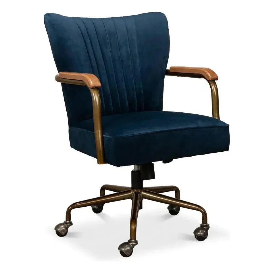 Brooks Home Office Swivel Chair Blue Velvet-Office Chairs-Sarreid-LOOMLAN