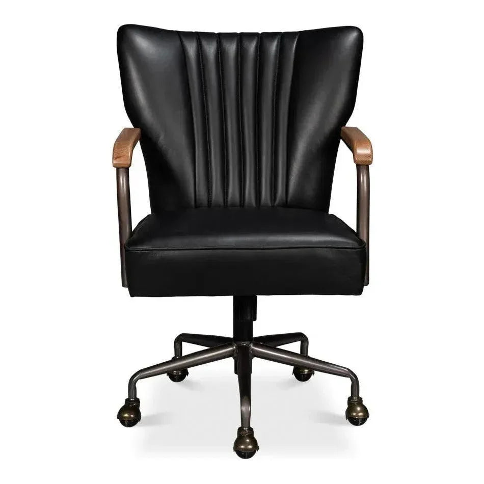 Brooks Metal & Leather Black Swivel Arm Chair-Office Chairs-Sarreid-LOOMLAN